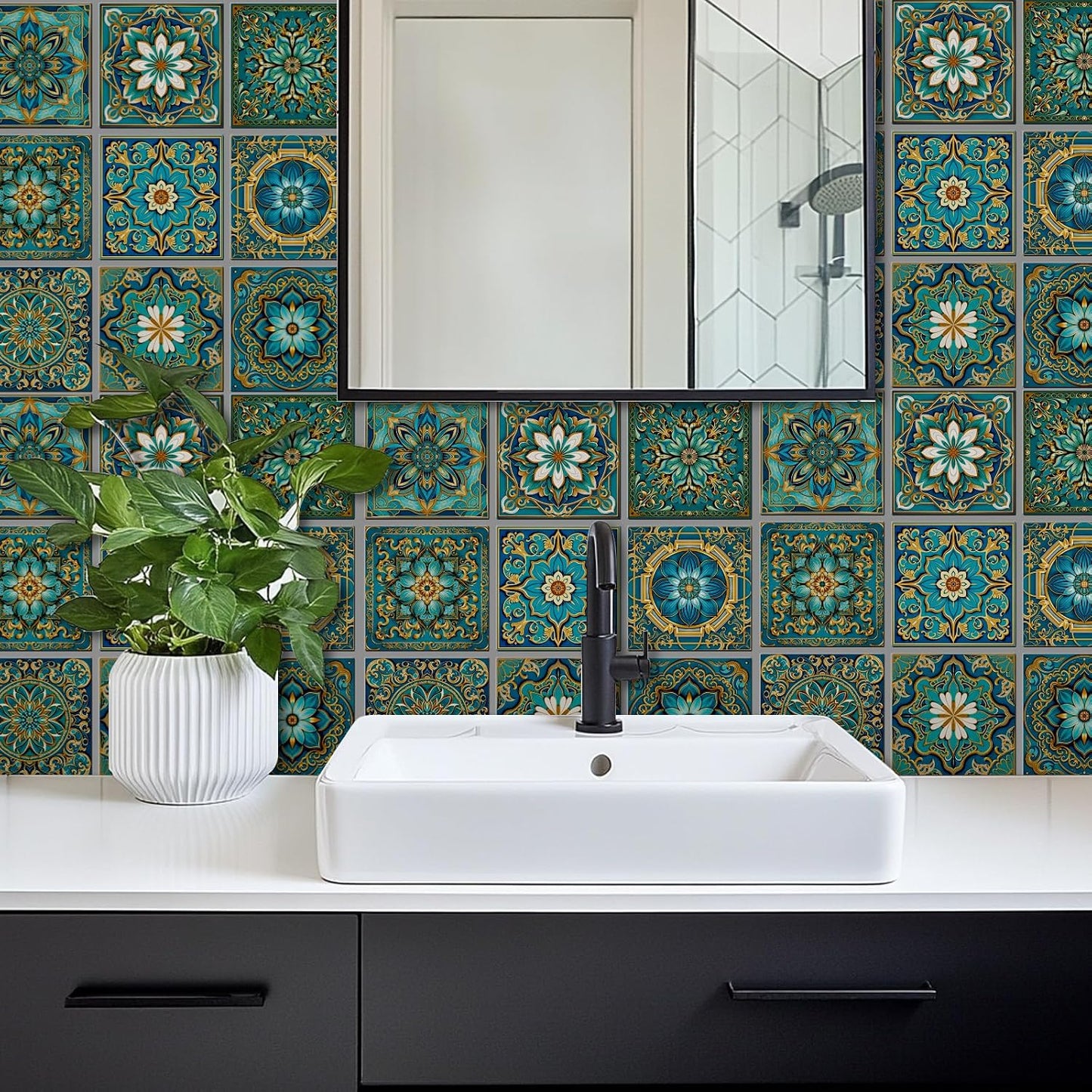 9 Style Retro Style Tile Stickers Turquoise Peel and Stick Wall Tile / Turquoise Color / Set of 36
