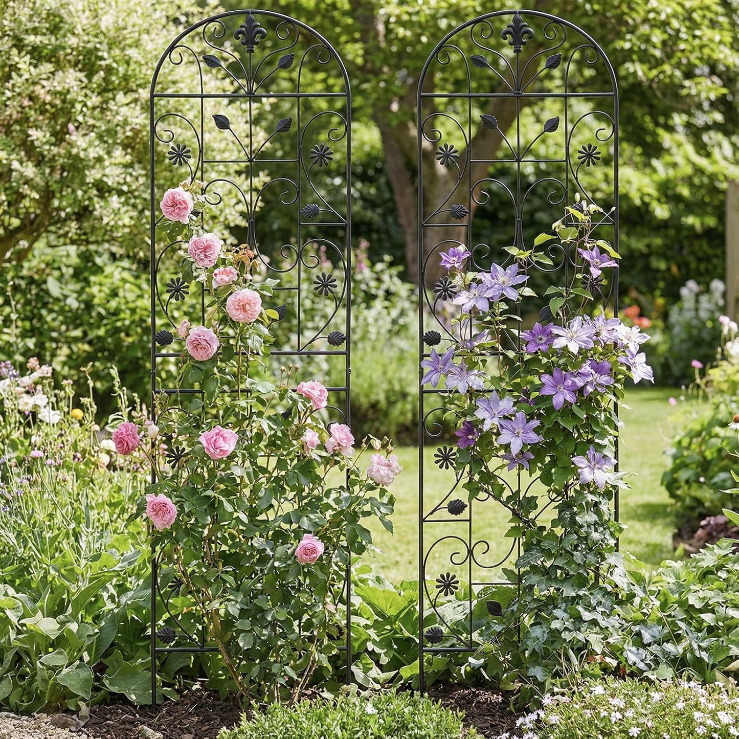70.8" Metal Garden Trellis for Climbing Plants, 2 Pack Black | Rustproof steel lattice supports roses, clematis