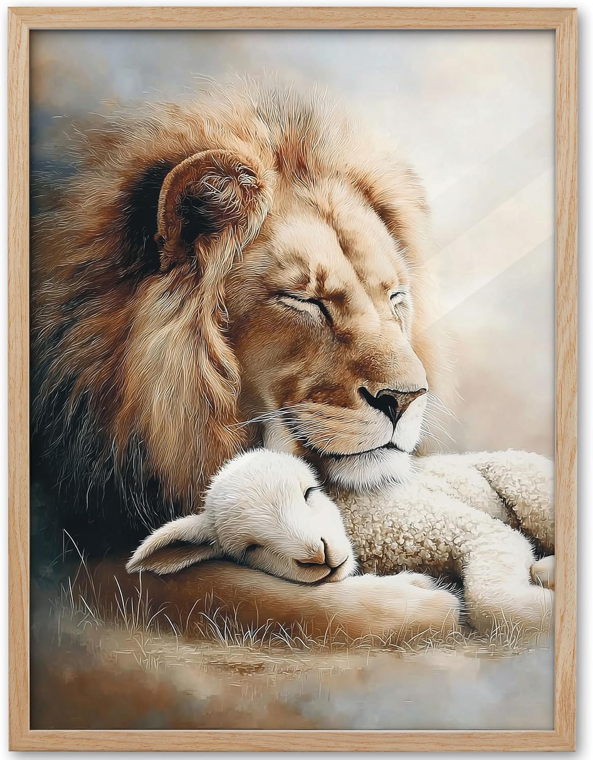 KensTro 12x16 Oak Framed Lion and Lamb Christian Wall Art