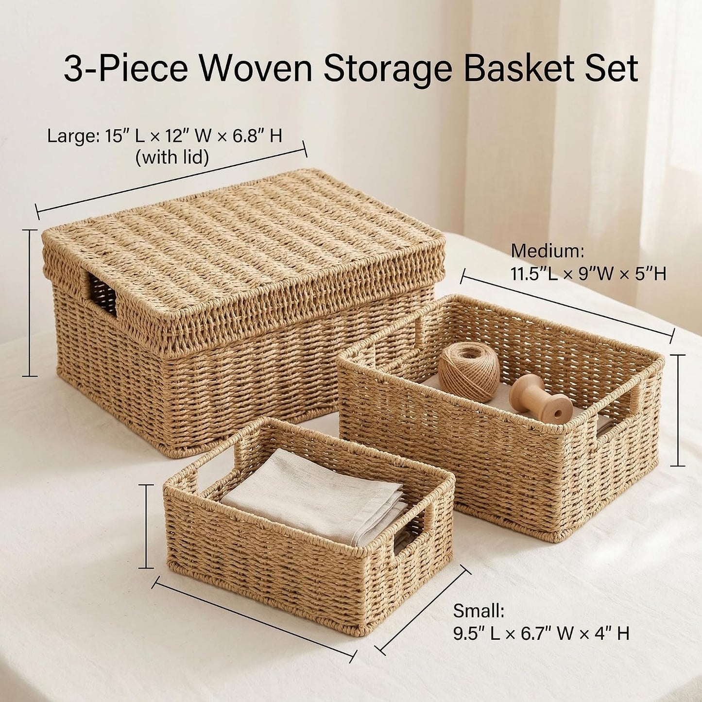 Wicker Storage Basket / Natural / 15 x 12 x 6.8 / 3-piece Mixed Set