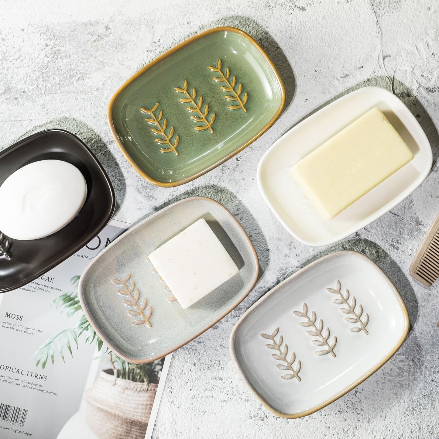 Ceramic Soap Dish Soap Holder / Grey / Leaf Design