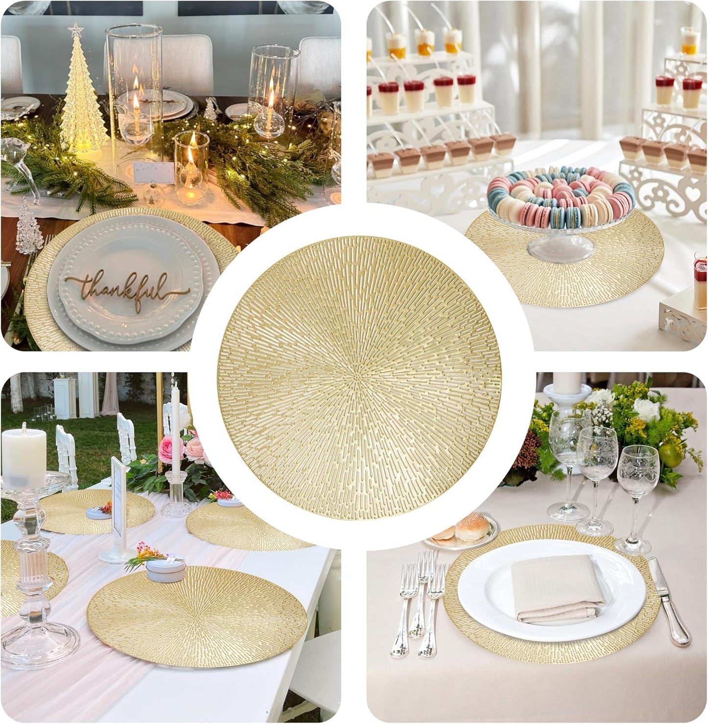 Snowkingdom Round Gold Placemats Set of 12, Gold Vinyl Metallic 15 Inch Round Placemat, Washable Wipeable Hollow Place