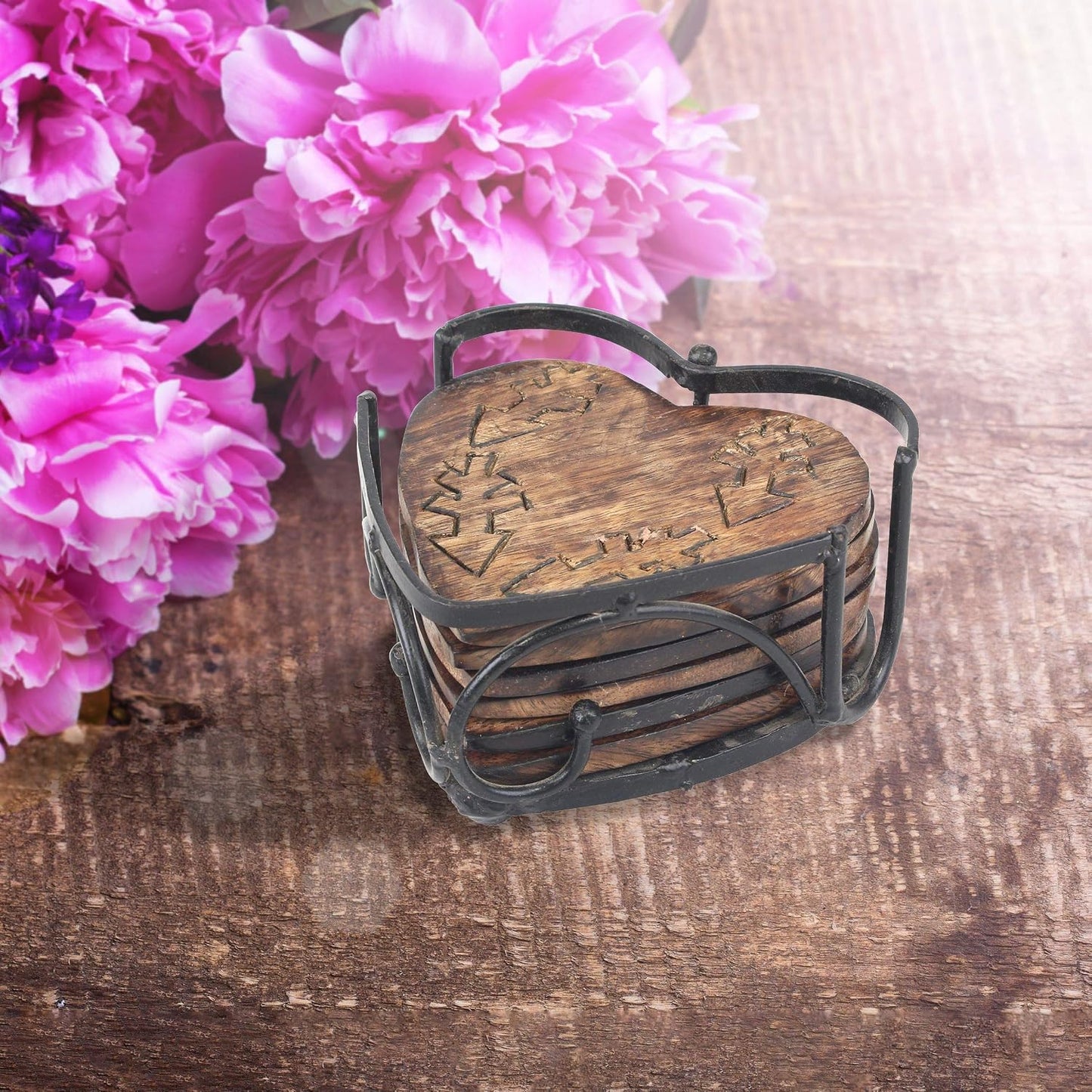 Metal Holder / Rustic Wooden Heart Shaped Coaster Set