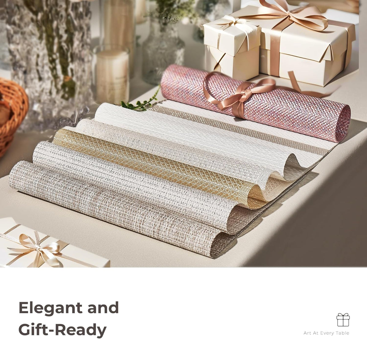 Leetaltree Woven Vinyl Placemats Set of 8,White and Silver | High Density,Stain Resistant, Easy to Clean, Washable