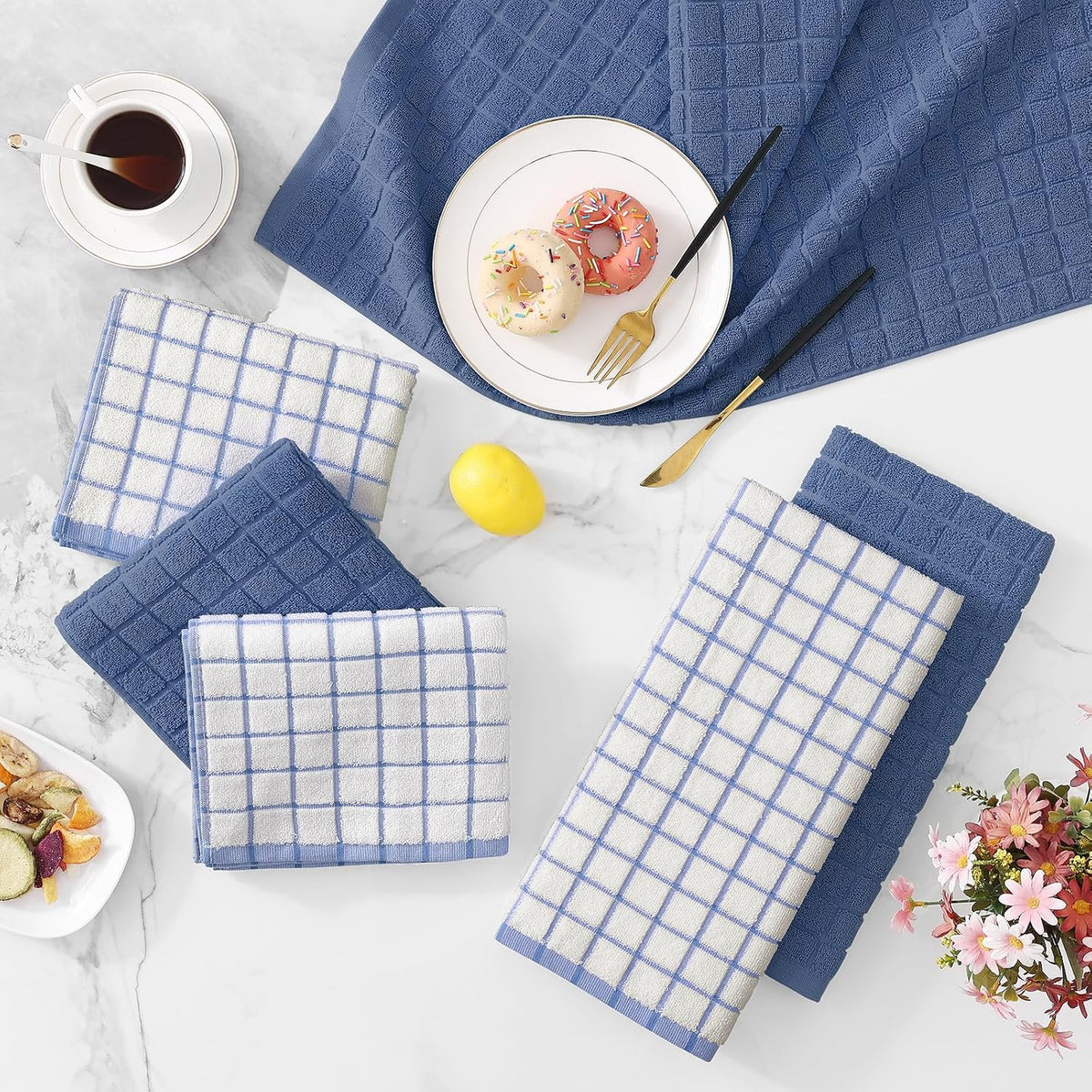 Homaxy Large Premium Cotton Kitchen Towels 16"x 28", 8 Pack, Navy Blue | Natural Ring Spun 390 GSM Dish Towels, Super