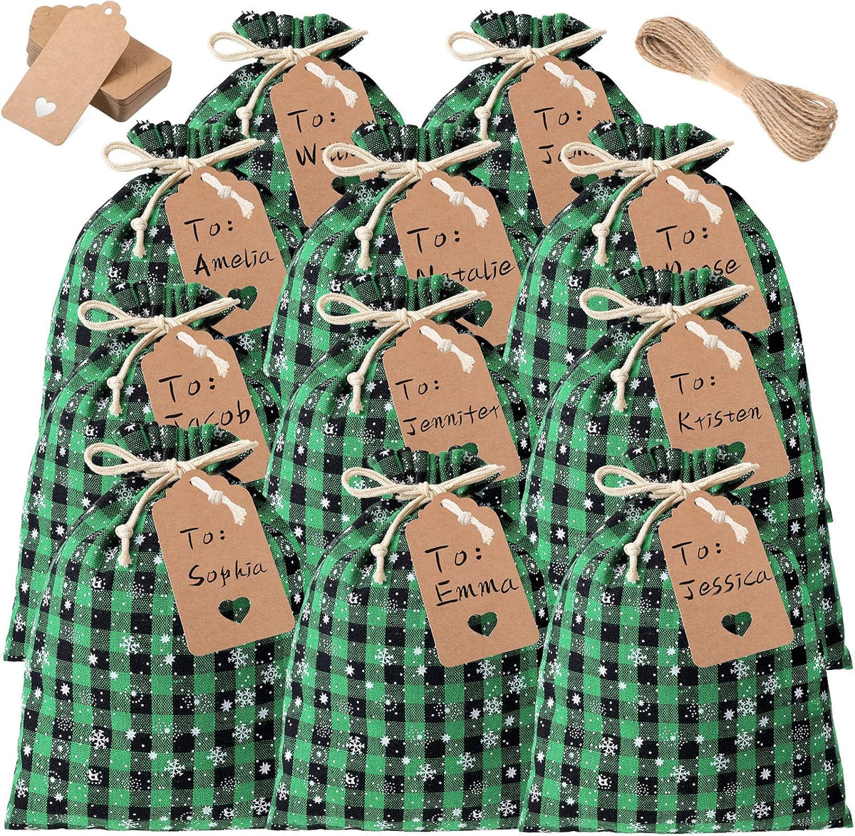 Shappy 24 Pcs Christmas Drawstring Gift Bags Xmas Buffalo Plaid Burlap Advent Bags 10 x 8 Inches Linen Treat Candy Bag with 32.8 ft Rope 24 Card(Black Green Snowflake)