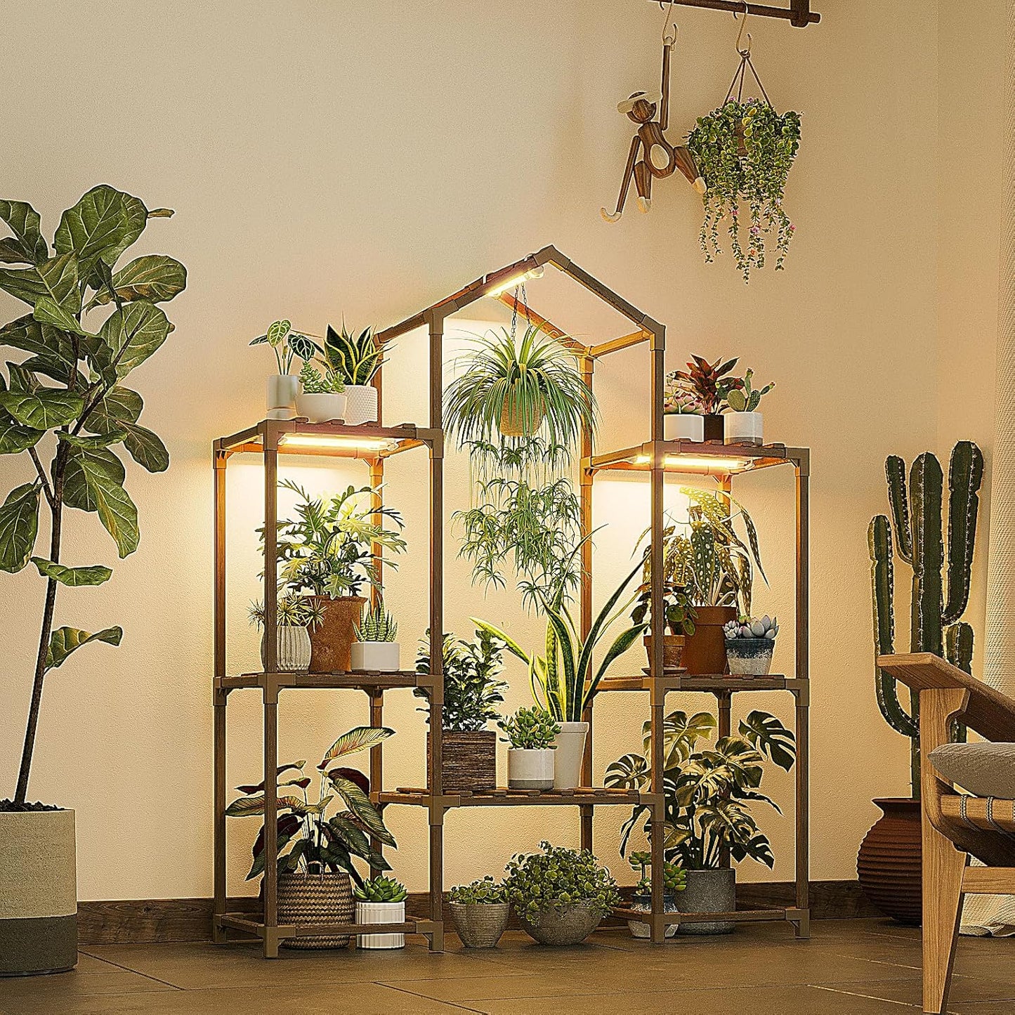 Bamworld Plant Stand Indoor with Grow Lights Wood Plant Shelf for Hanging Planter Pots Display Flower Stand for Living