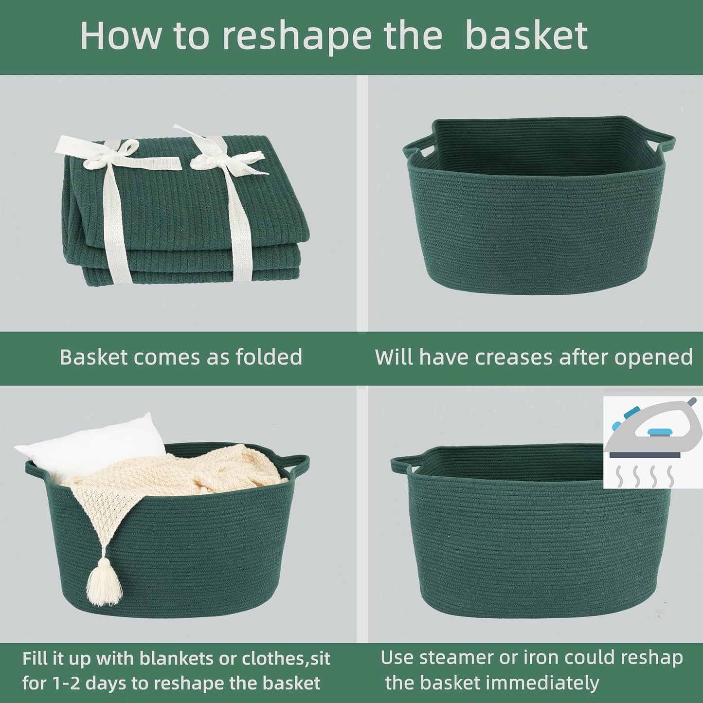 Large Rectangle Blankets Basket Living Room " Woven Cotton Rope Storage / Dark Green / 22 x 17 x 12