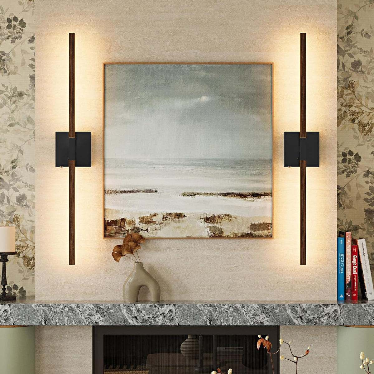 Rayogale Black Walnut Wireless Wall Sconces with Remote Control 36 Inch | 3000/4500/6000K Dimmable 8000mAh Rechargeable