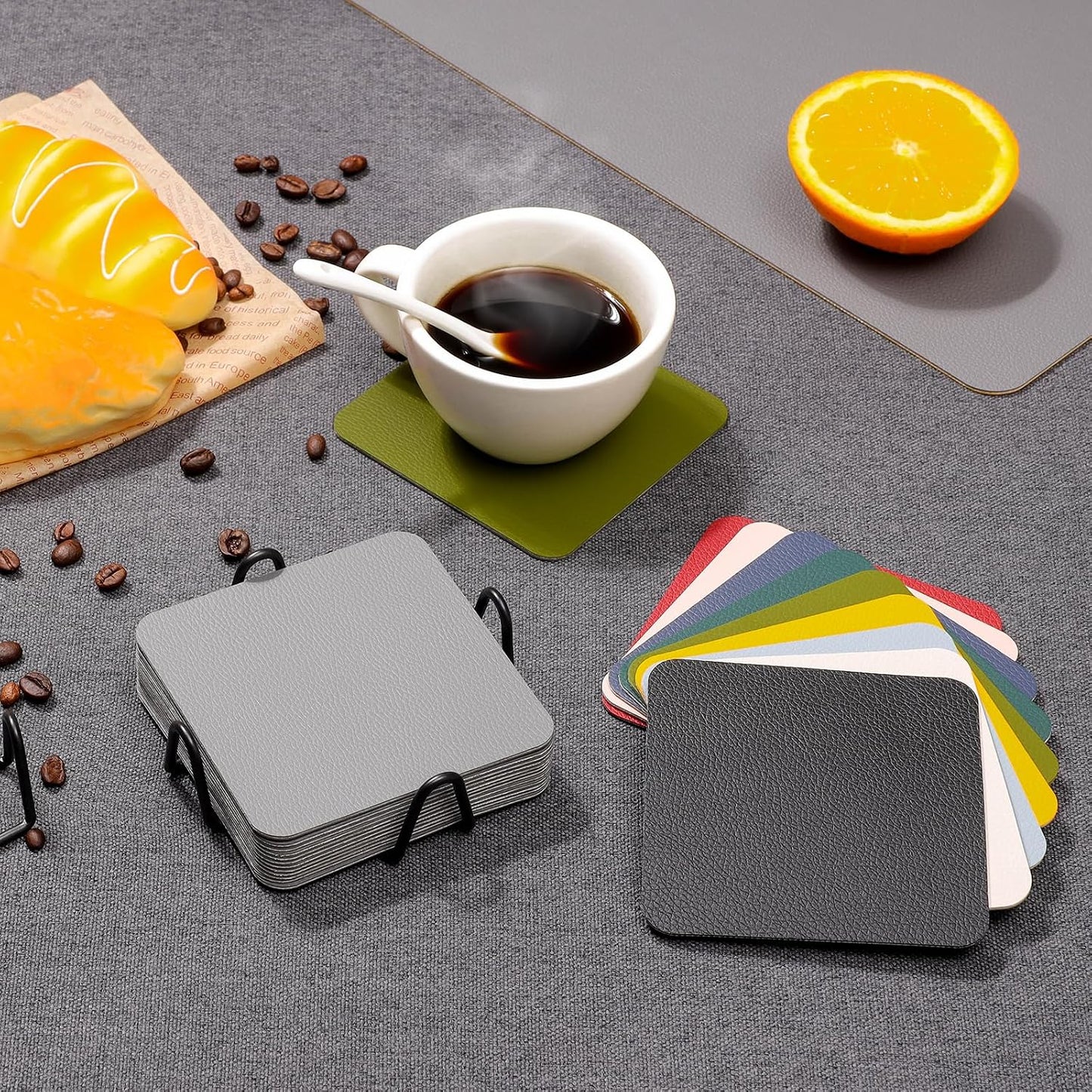 Coasters Glass Coasters Double Sided Faux Leather Coaster / Gray Yellow / 4 Inch / Set of 12