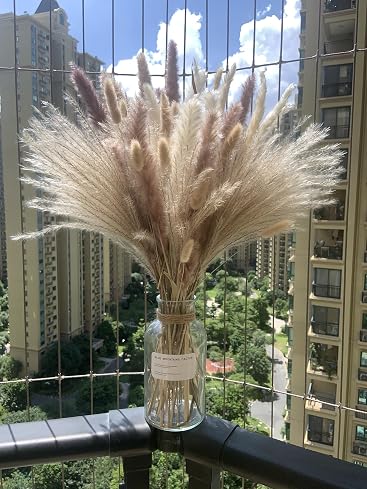 Pampas Grass Decor 110 pcs 17.5inch Natural Dried Pampas Grass-15Pcs White Pampas & 15Pcs Brown Pampas & 50Pcs Reed Grass& 30Pcs Bunny Tail Grass,Fluffy Dried Flowers for Home Decor Wedding Boho Decor