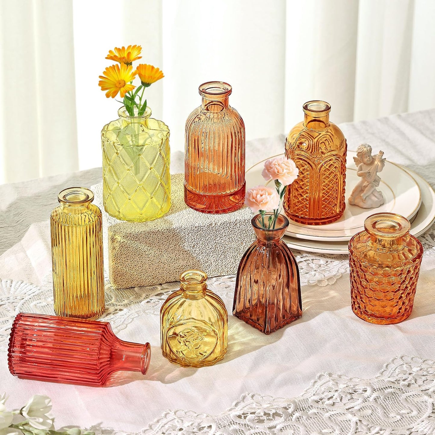 Colored Glass Bud Vases / Orange Yellow Series / Set of 15