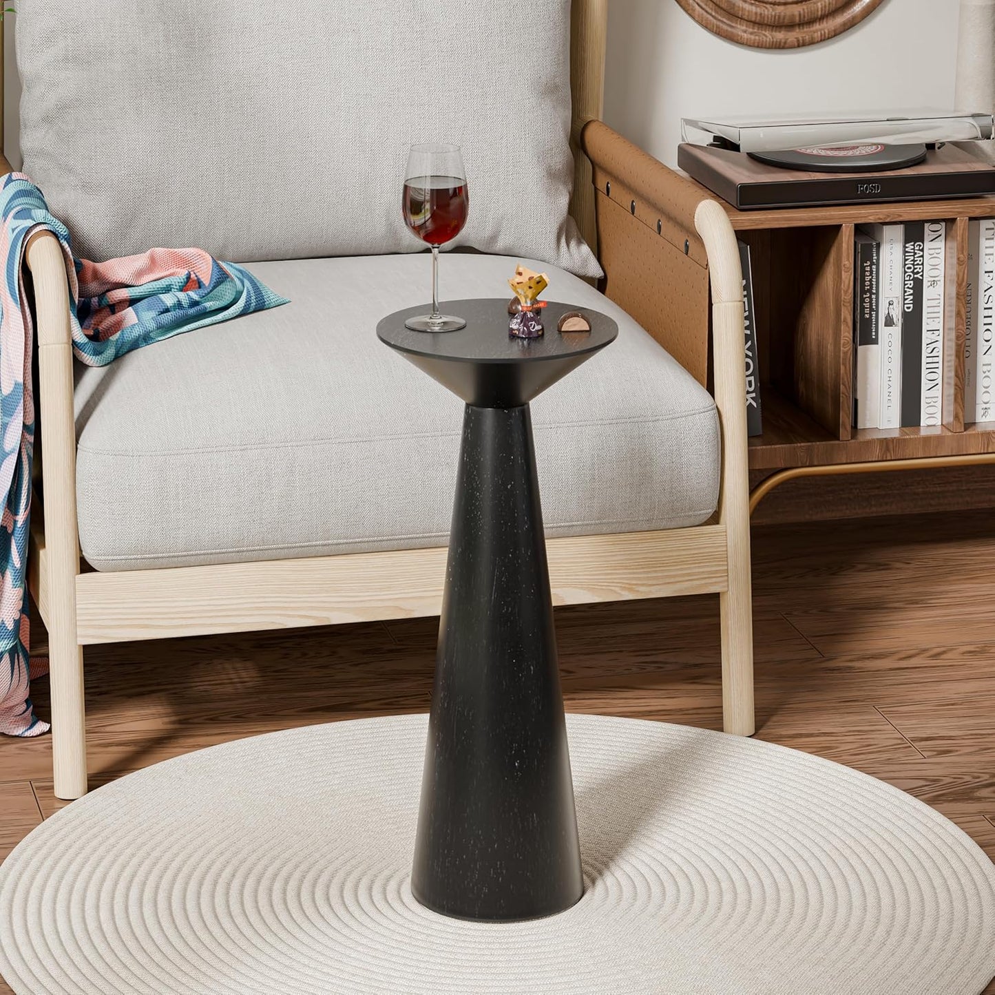 Farmhouse Tall Pedestal End Table Small Solid Wood Martini Table Plant Stand Modern Round / Black