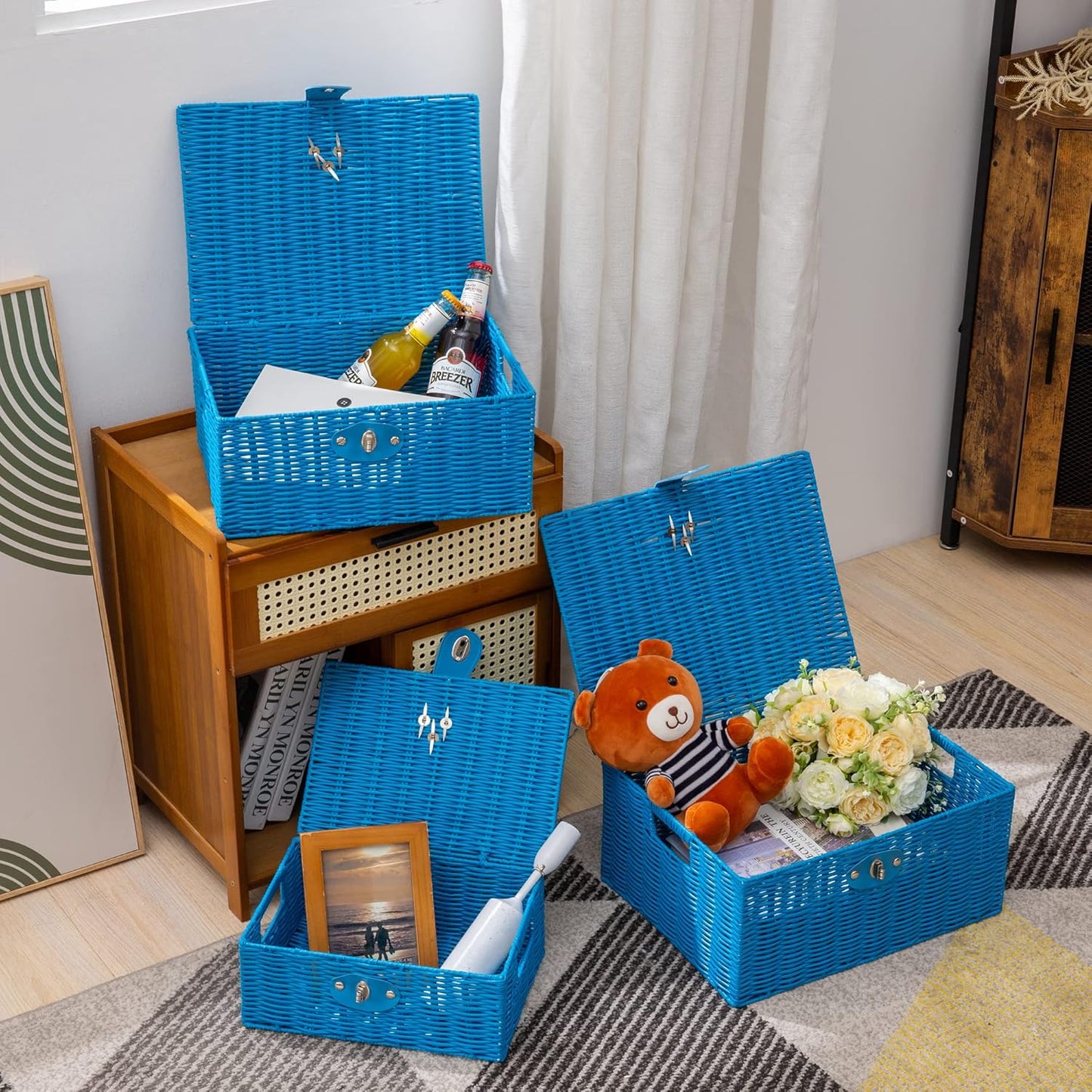 Woven Wicker Storage Basket Box / Blue / Set of 3