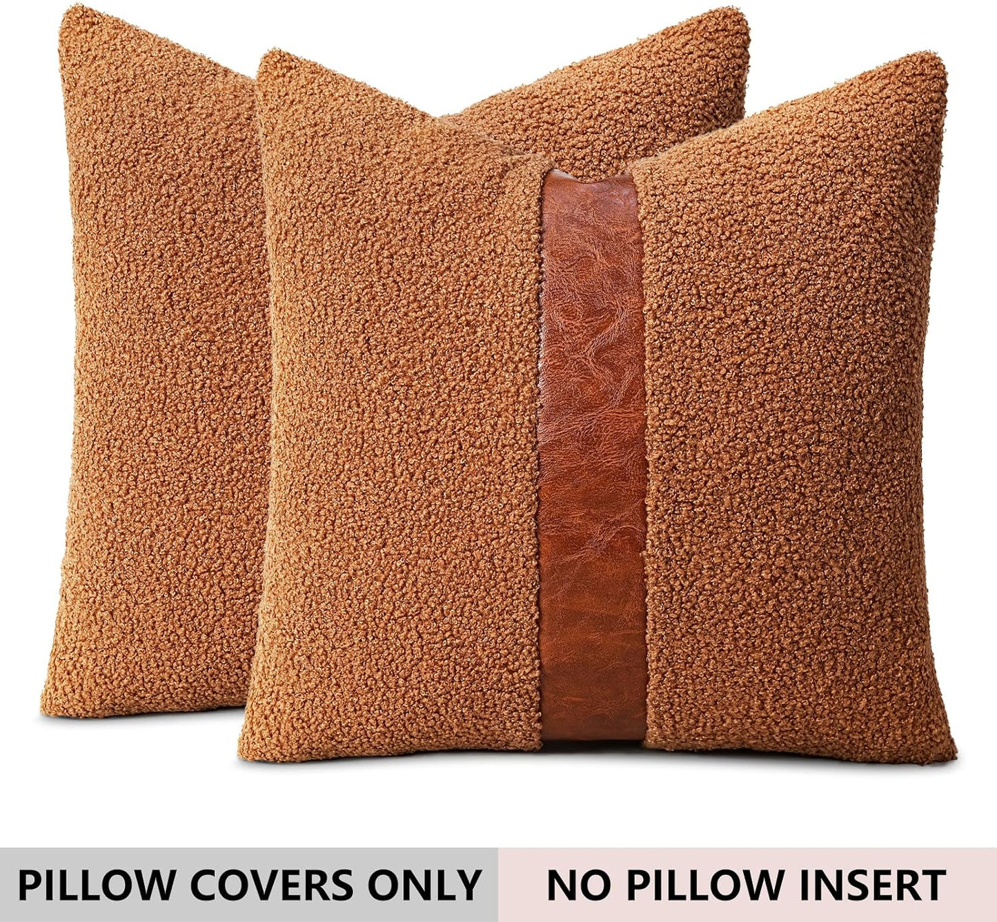 Teddy Boucle Decorative Throw Pillow Covers Faux Leather Contrast / Brown / 18 x 18 / Set of 2