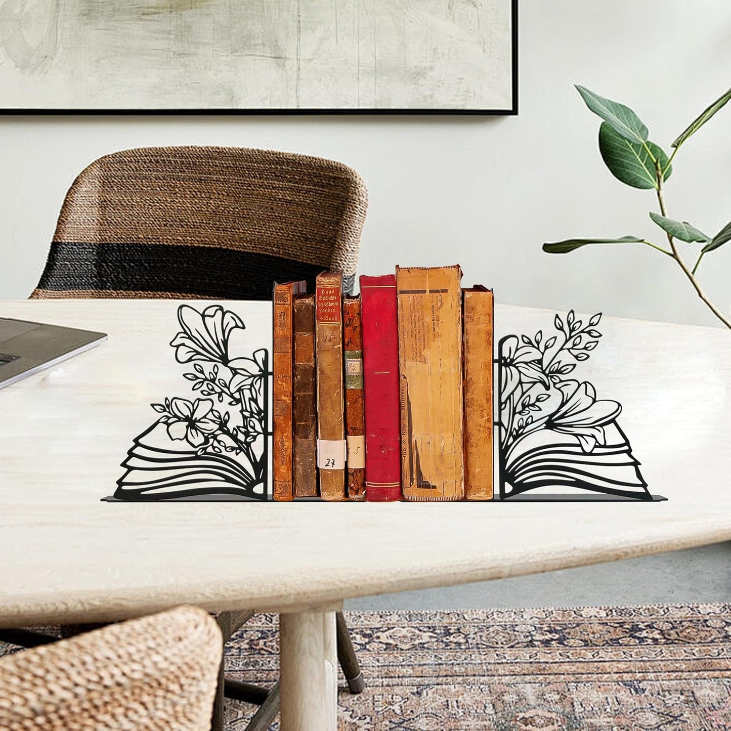 Metal Flower & Book Design Decorative Bookends