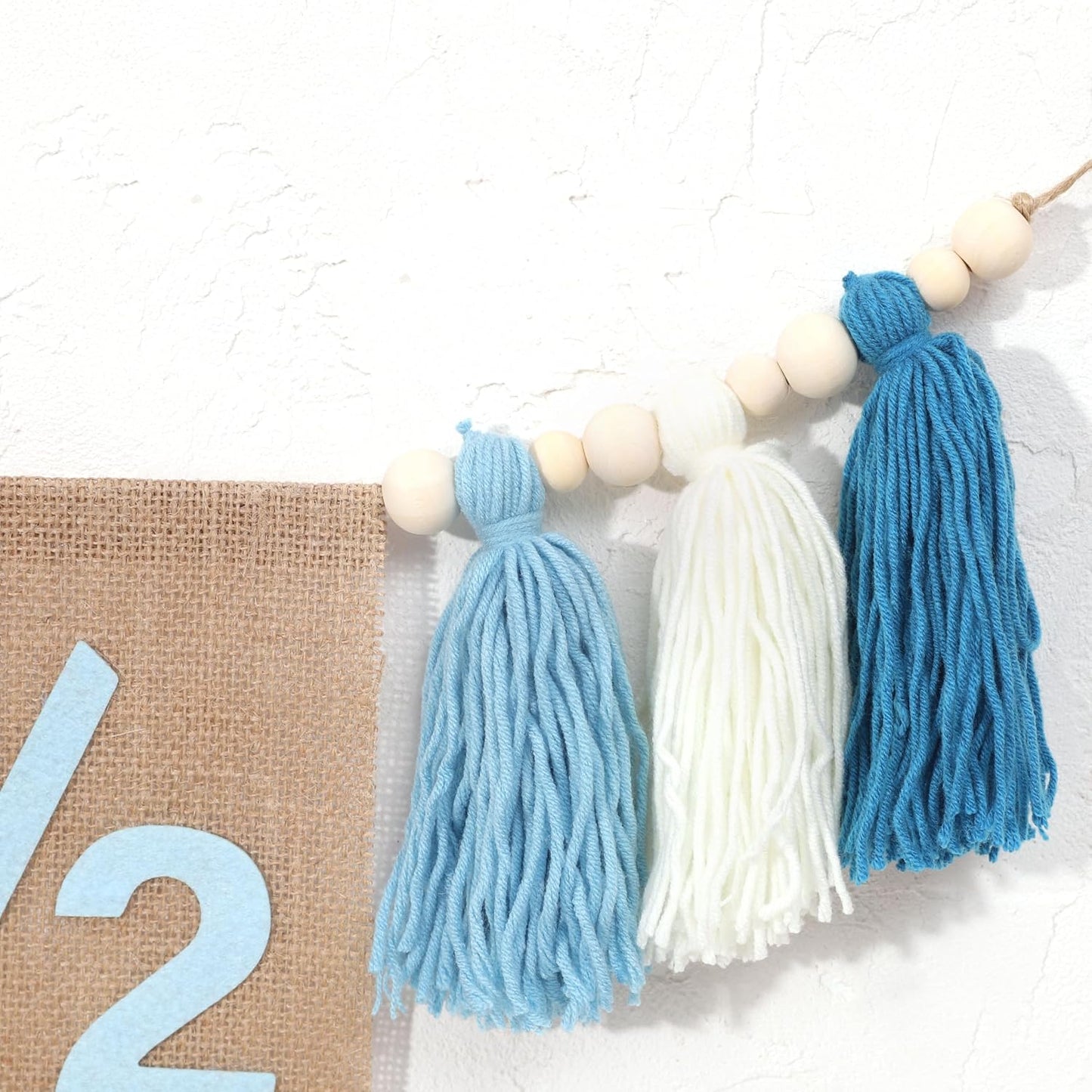 Pink Tassel Wood Bead Highchair / 1/2 Blue Banner