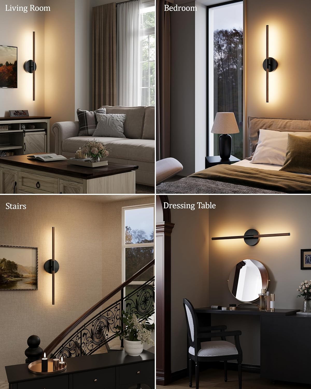 32" Battery Operated Wall Sconce Set of 2, 350° Rotating Lamp, Walnut Black | Wireless, 8000mAh Rechargeable Battery