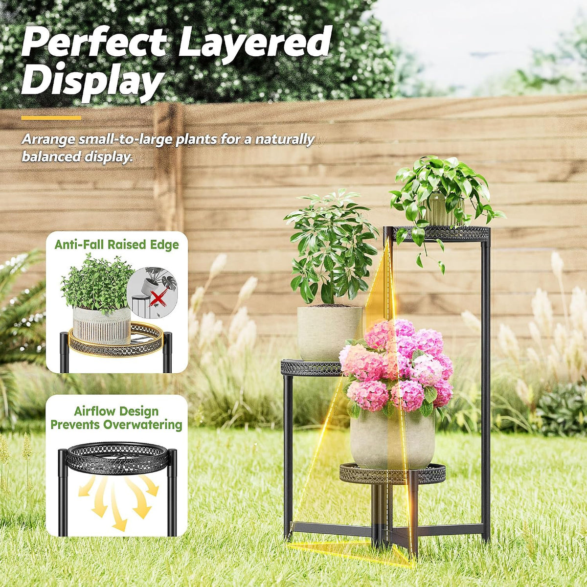 Plant Stand Indoor Outdoor, 3 Tier Corner Metal Flower Display Holder Shelf, Folding Tall Plant Rack for House Patio