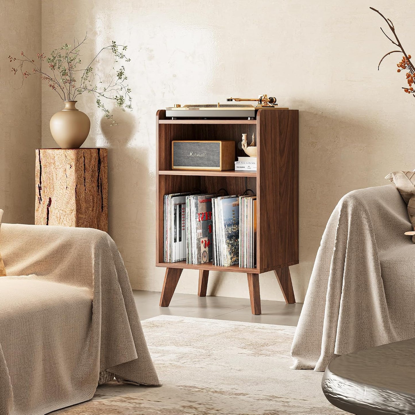 Record Player Stand, Turntable Stand with Record Storage and Charging Station & USB Ports, Record Player Table with