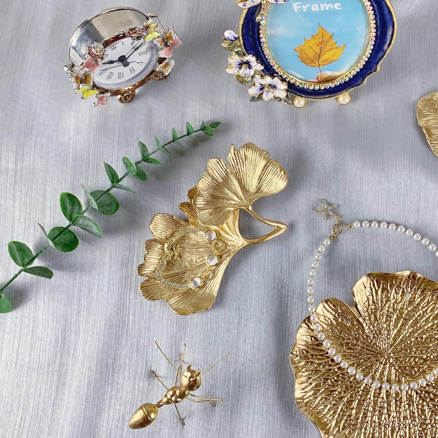 Trinket Dish Vanity Tray for Dresser Christmas / 2-tier Ginkgo-gold