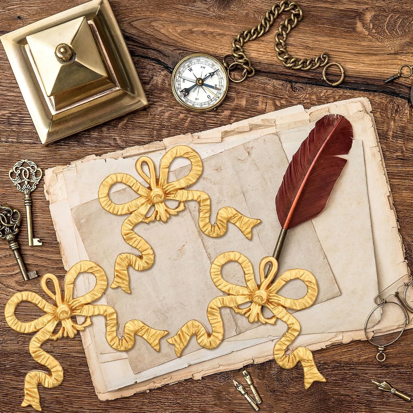 Bow Decoration Golden Wall Hanging Golden Bow Knot Wall Craft Carved Resin Bowknot / Set of 3