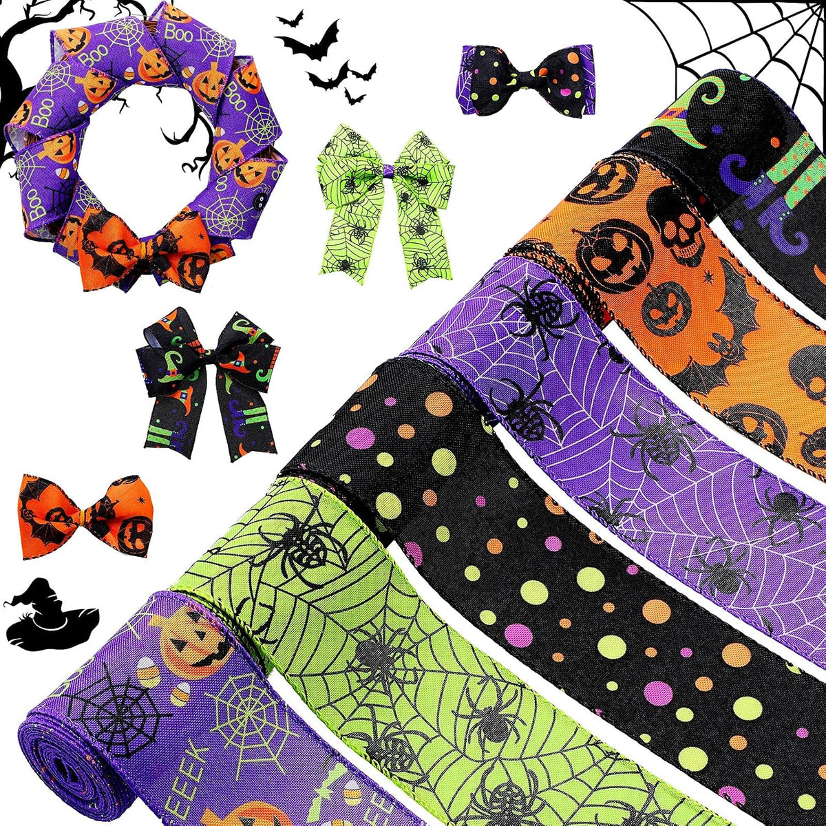 Chuangdi 6 Rolls 30 Yards Halloween Wired Ribbon, 2.5 Inch Wide