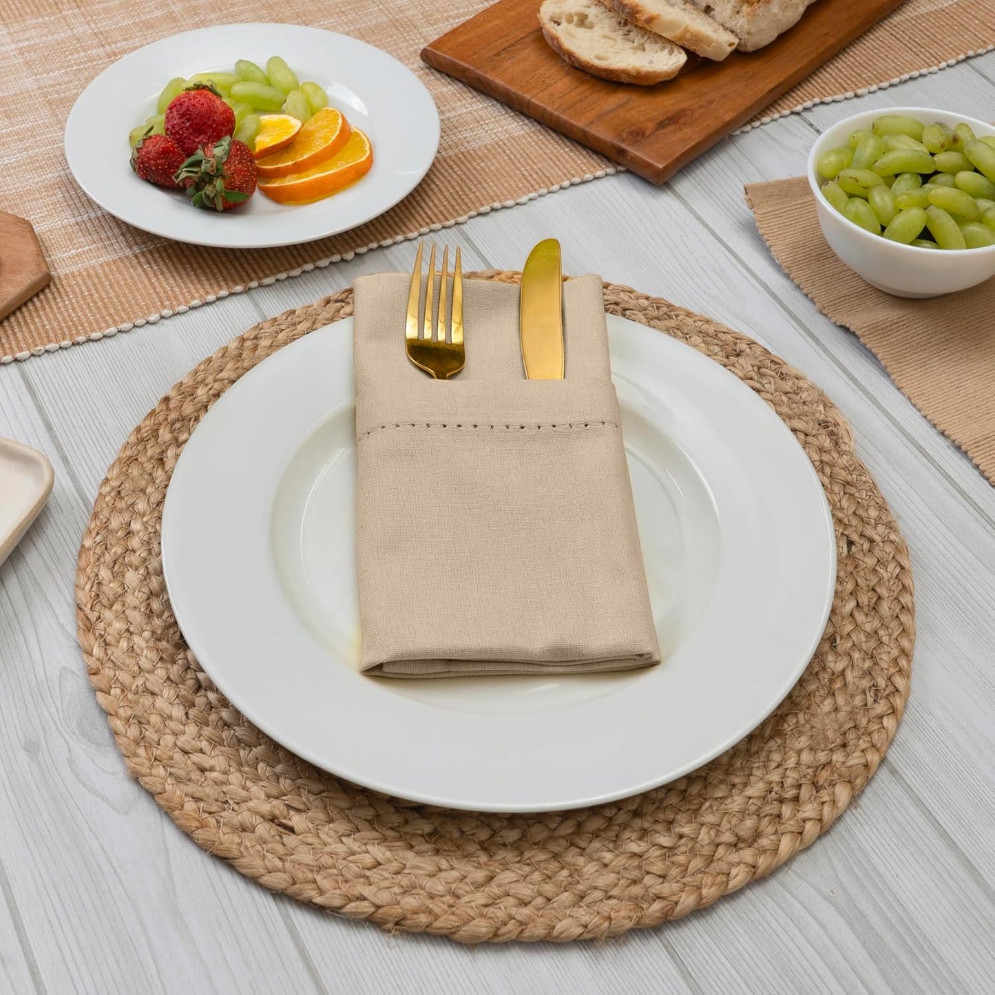Blue Needles Set of 12 Hemstitch Linen Napkins 100% Cotton Beige Cloth Dinner Napkins 18x18 inches - Spring Summer