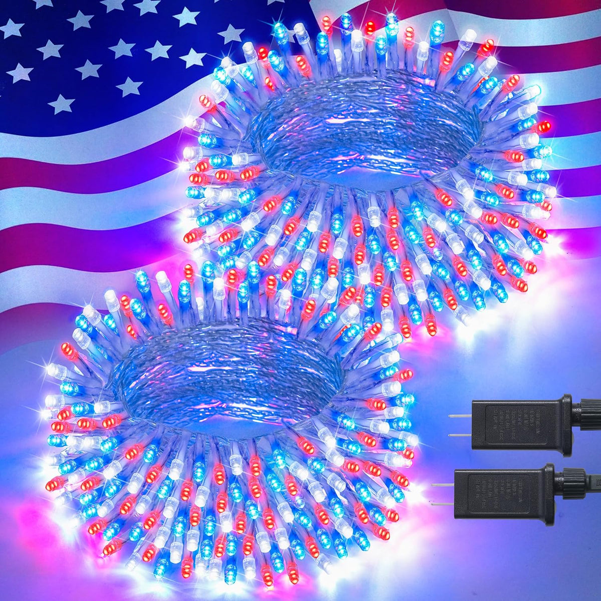 JMEXSUSS 2 Pack Red White and Blue Lights, 4th of July Lights Outdoor