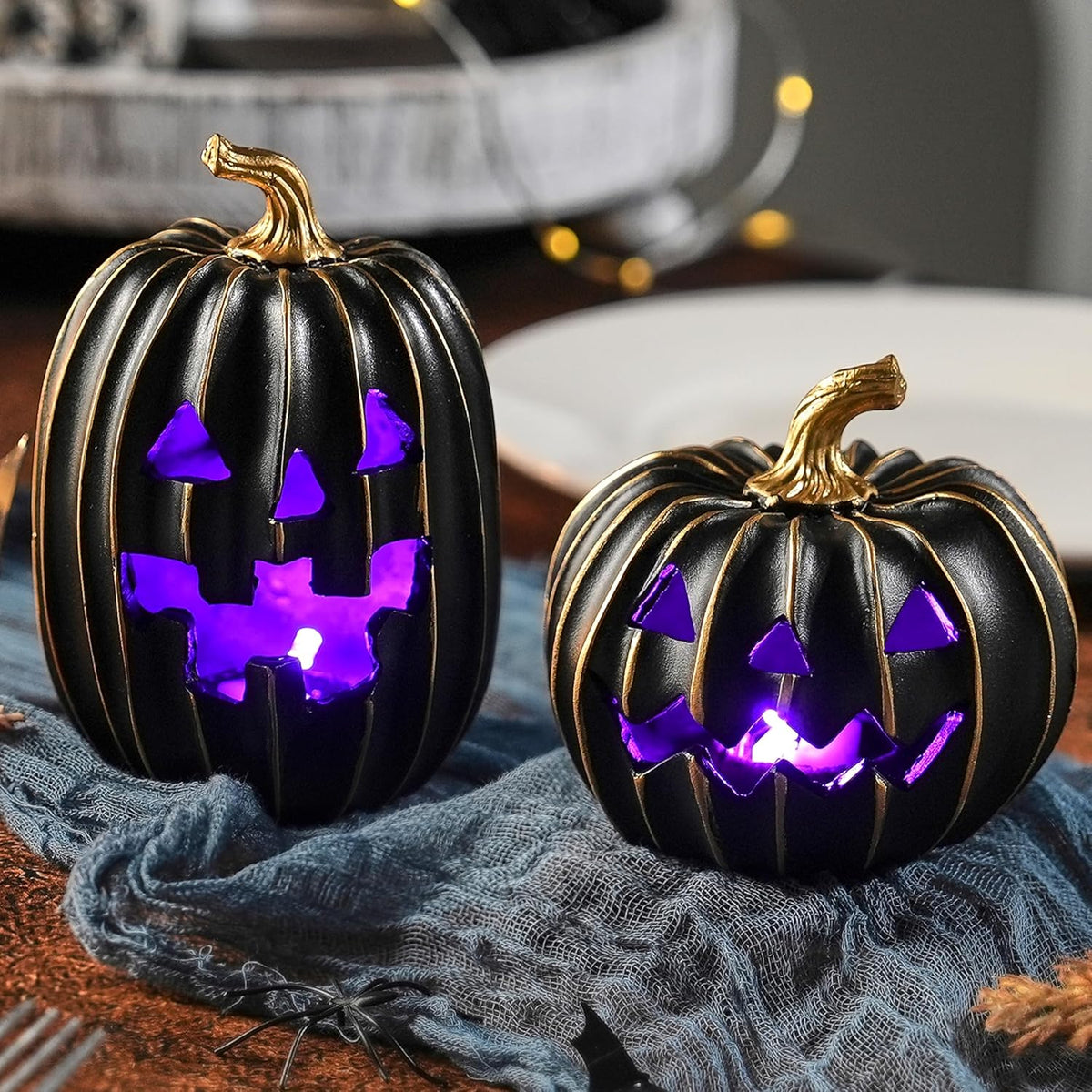 FESTGLOX Light Up Black Jack O Lantern Pumpkins for Indoor Halloween Decor