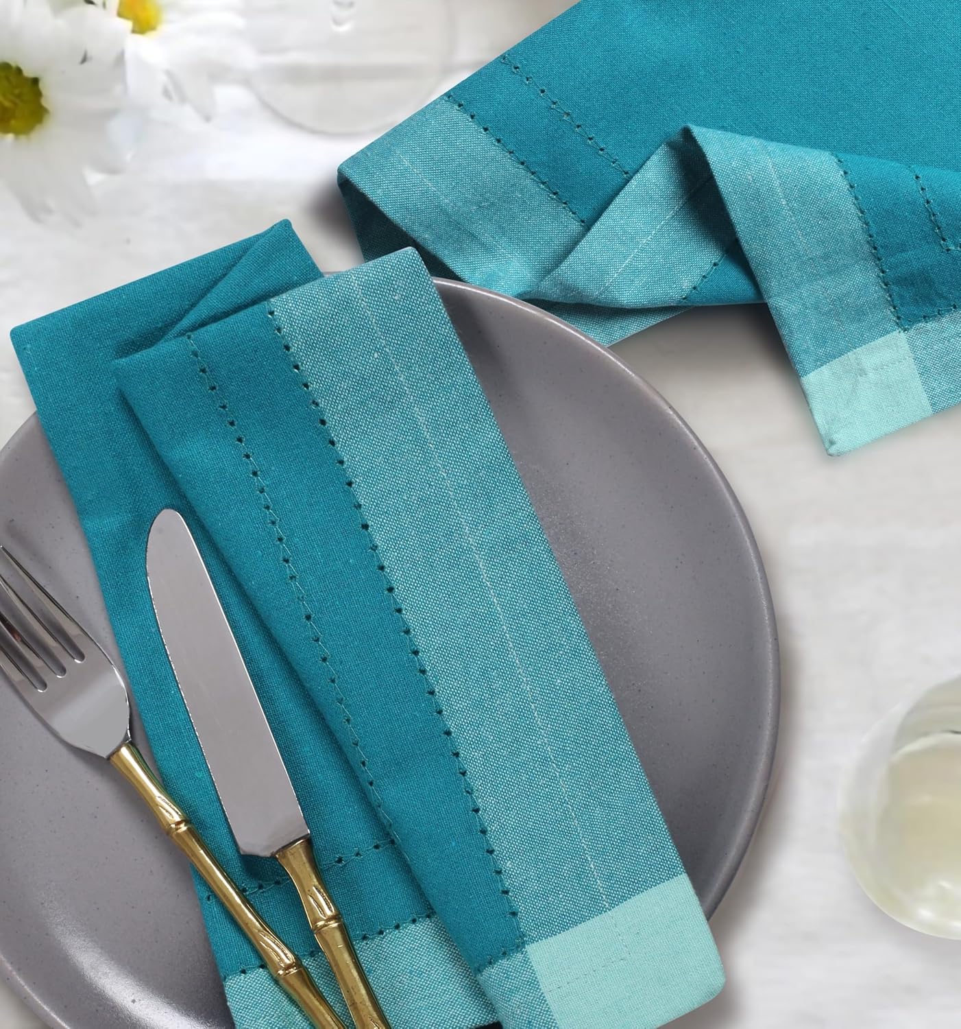 Bedding Craft Cotton Cloth Dinner Napkins Set of 12 – 20x20 Teal Multi Double Hemstitched – Machine Washable Reusable