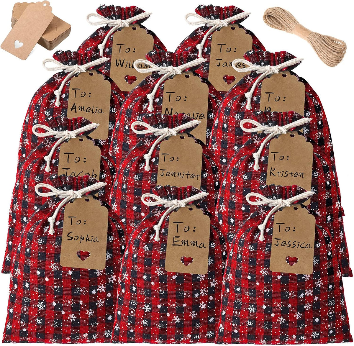 Shappy 24 Pcs Christmas Drawstring Gift Bags Xmas Buffalo Plaid Burlap Advent Bags 10 x 8 Inches Linen Treat Candy Bag with 32.8 ft Rope 24 Card(Black Red Snowflake)