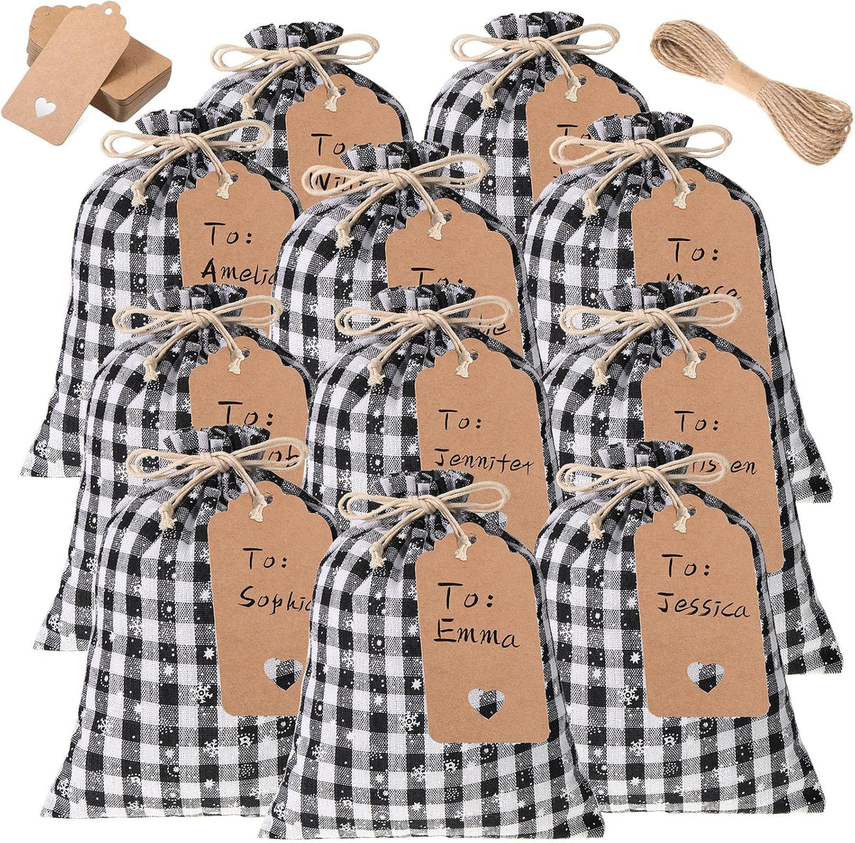 Shappy 24 Pcs Christmas Drawstring Gift Bags Xmas Buffalo Plaid Burlap Advent Bags 10 x 8 Inches Linen Treat Candy Bag with 32.8 ft Rope 24 Card(Black White Snowflake)