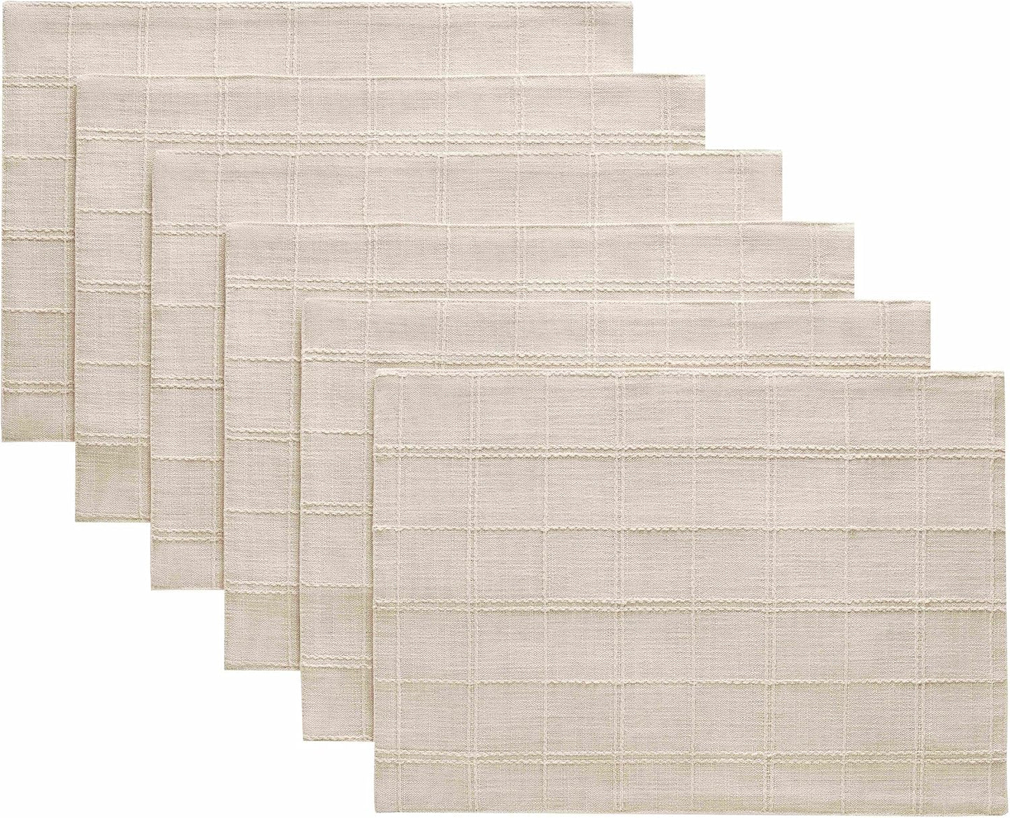 Linen Checked Farmhouse Placemats Set of 6, Neutral Beige 13x19in | Double Layer, Reversible, Thick Textured Table