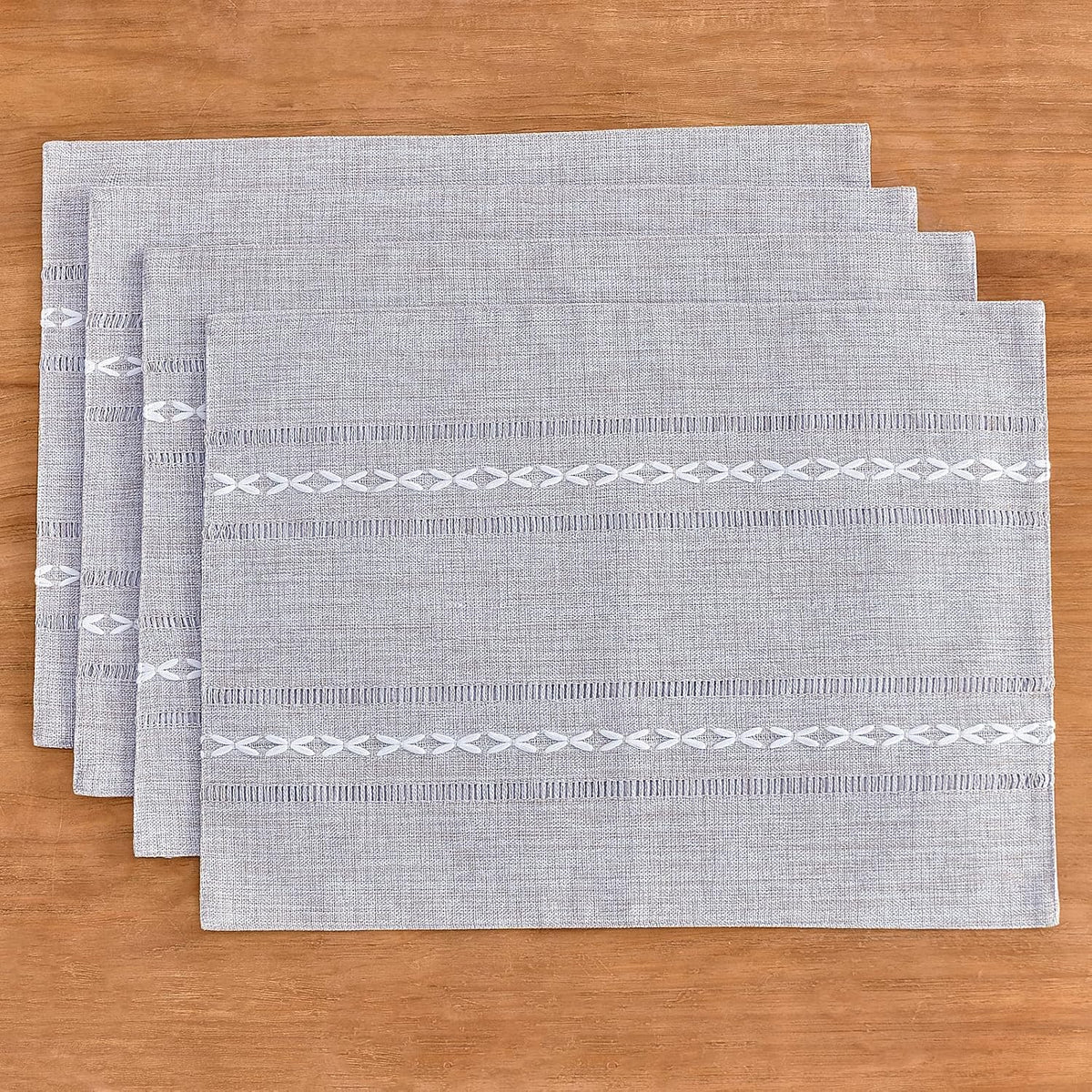 Wracra Cotton Linen Place Mats, Grey Embroidered Placemats Set of 8 | Placemats 12 x 18 Inch; Cotton Linen Woven