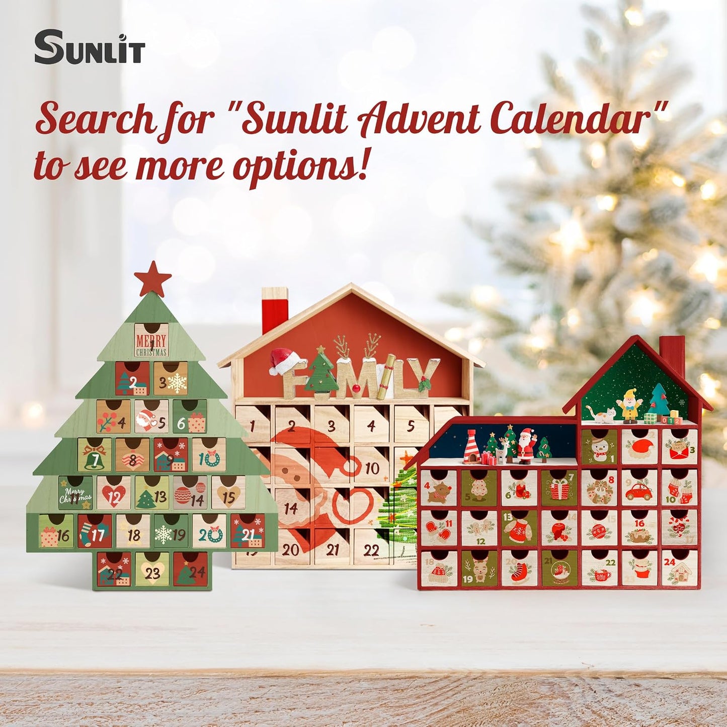 Sunlit Christmas Wooden Advent Calendar with Drawers, Unfinished Wooden, Chalet Shaped Countdown Calendar Ready to