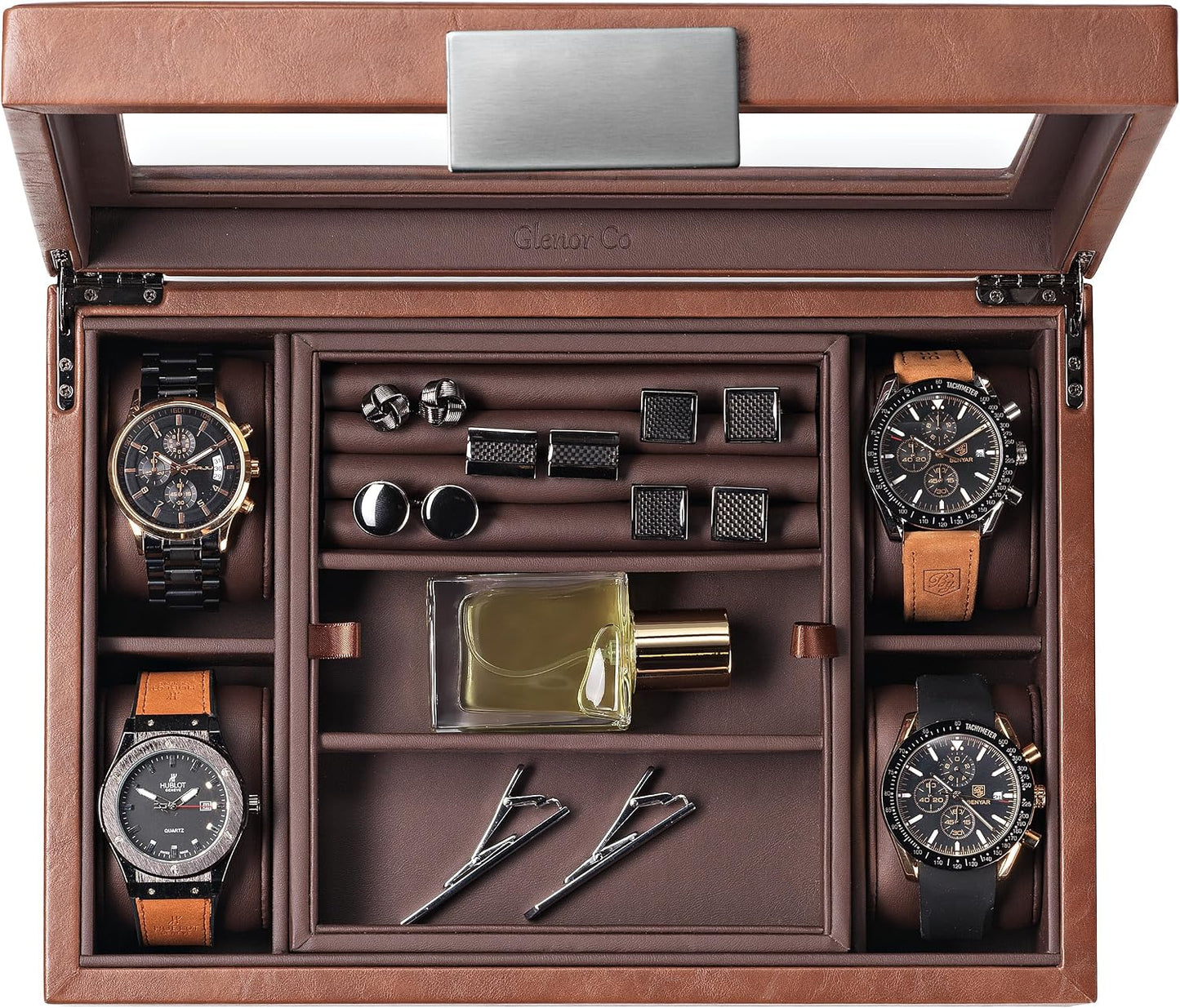 Glenor Co Valet Jewelry Box for Men - Holds 4 Watches, 12 cufflinks, 2 Sunglasses & Tray Storage - Mens Watch Case