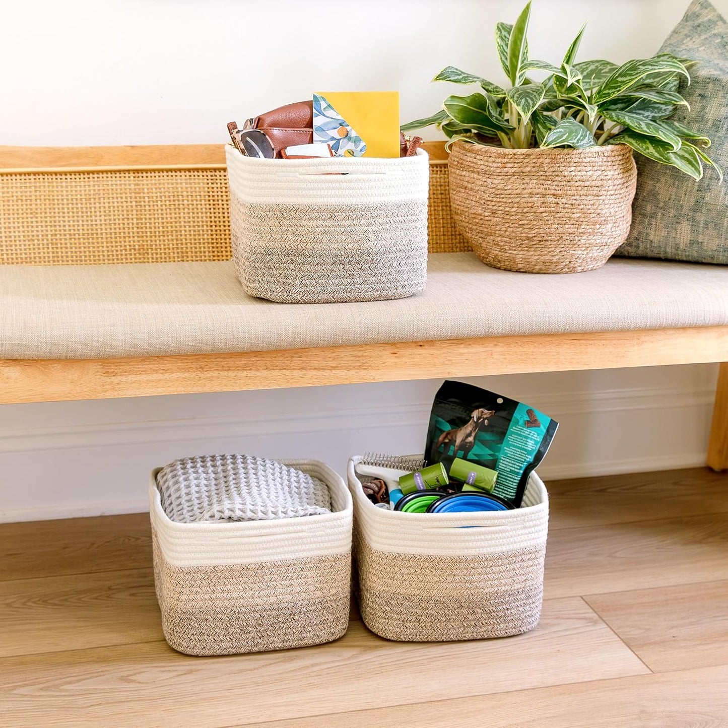 Storage Cubes "Cotton Rope Woven Baskets for Organizing / 3-tone Brown / 9 x 9 x 7 / Set of 3