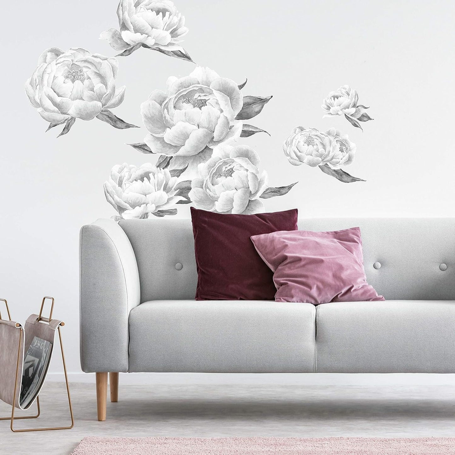 RMK4413GM and White Peonies Giant Floral Peel and Stick Wall Decals / Black