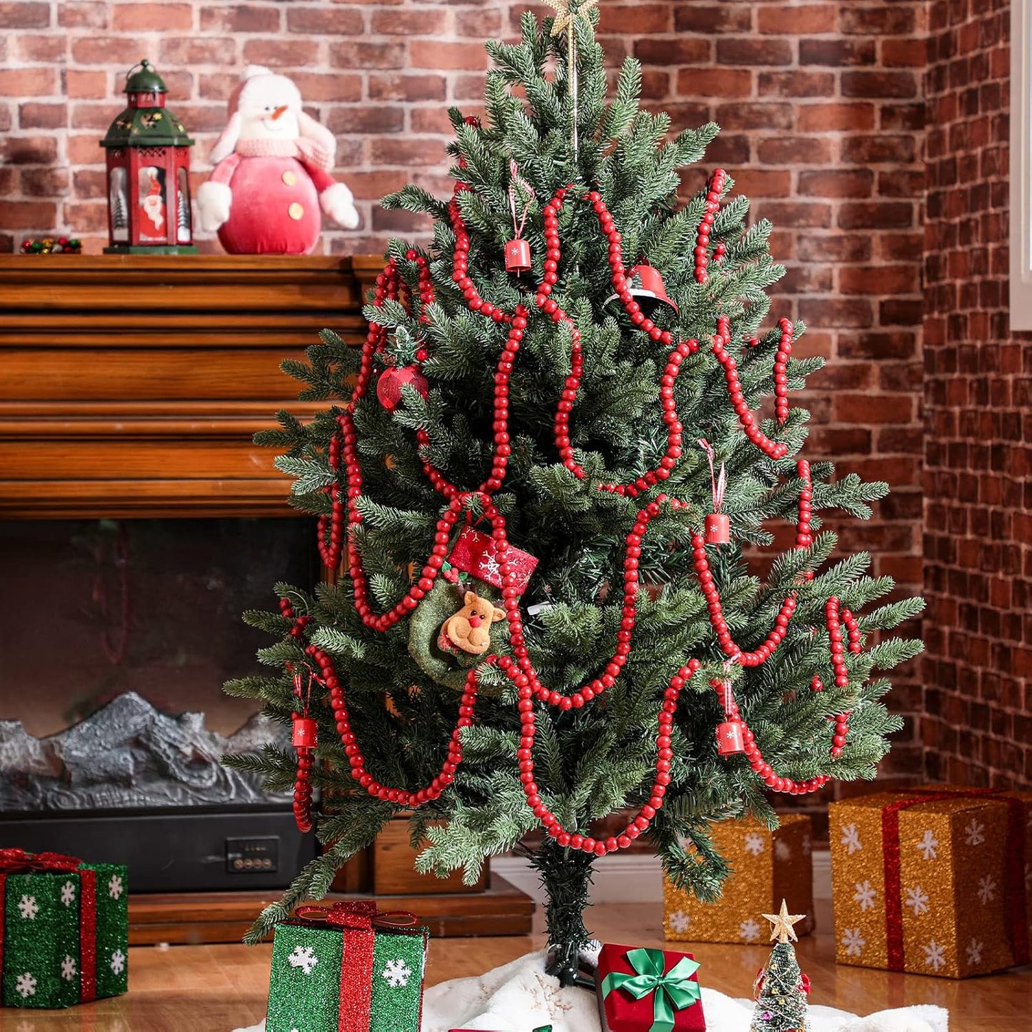 Giegxin 2 Pcs Wood Red Christmas Bead Garland 66 Feet Rustic Farmhouse | Rustic Wooden Beaded Garland for Tree Tier