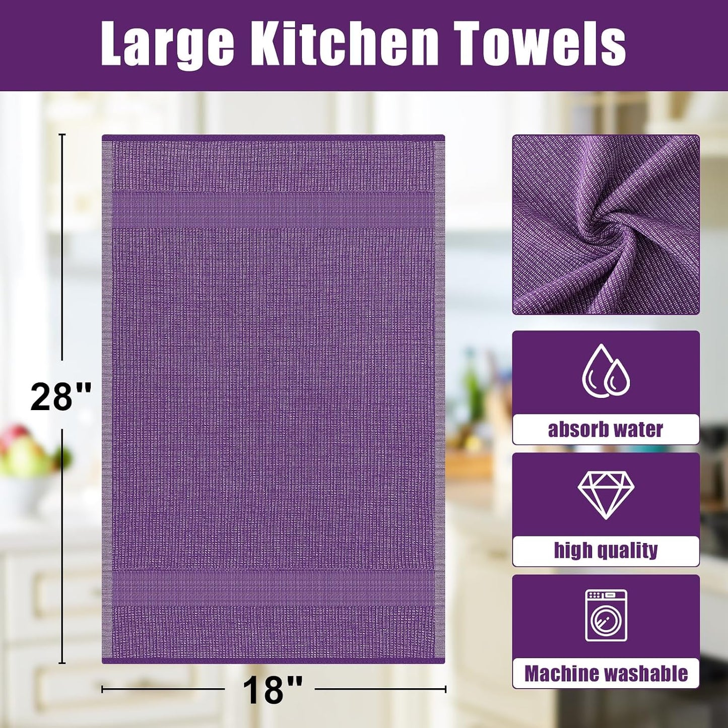 Homaxy 380 GSM Cotton Premium Kitchen Towels 6 Pack, 18"x 28", Purple | Flat and Terry Dish Towels, Highly Absorbent