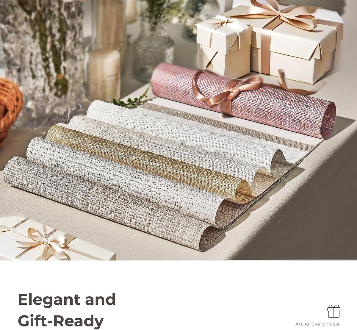 Leetaltree Woven Vinyl Placemats Set of 8,Beige and Gold | High Density,Stain Resistant, Easy to Clean, Washable Table