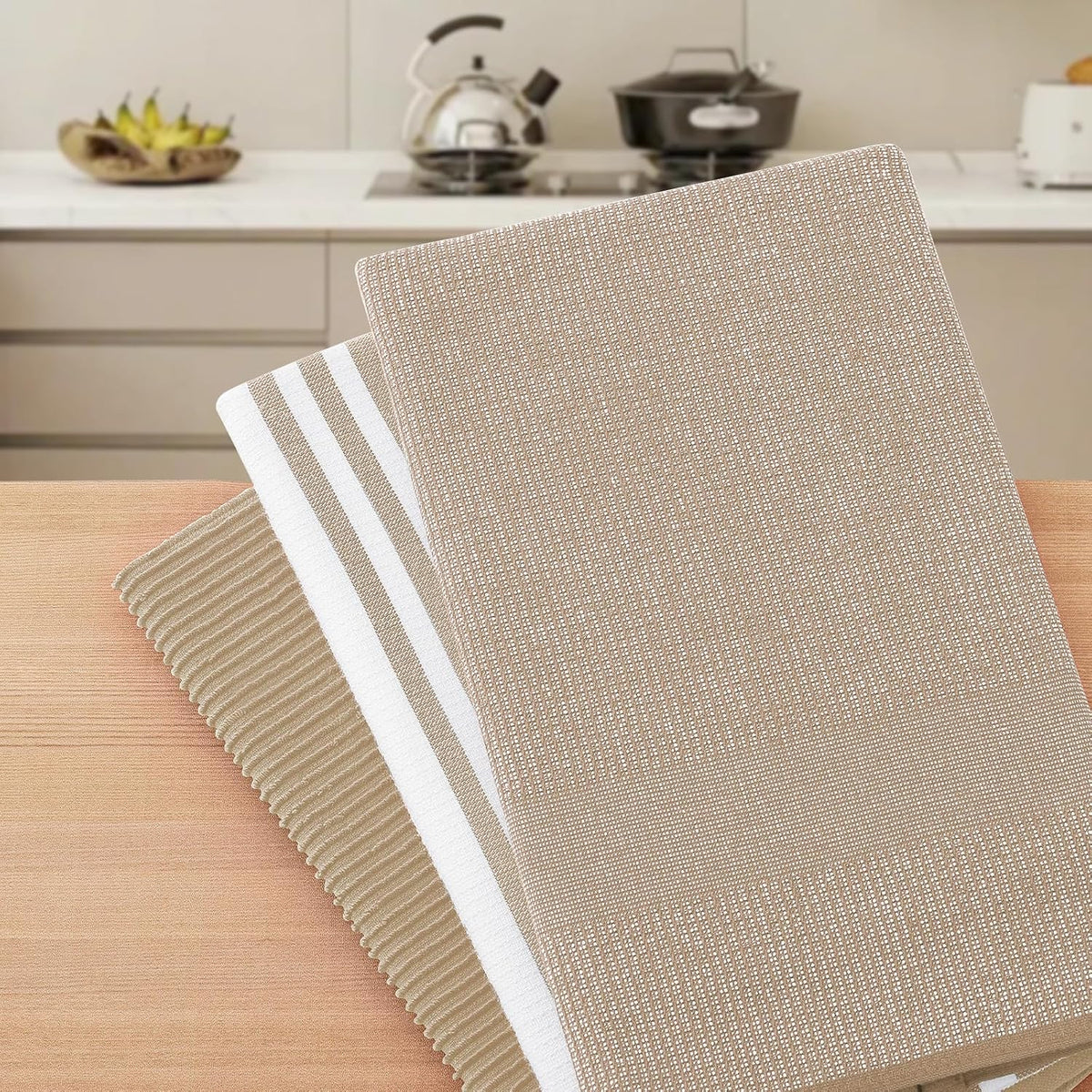 Homaxy Cotton 380 GSM Premium Kitchen Towels, 18"x 28", 12 Pack, Khaki | Soft and Absorbent Terry Dish Towels