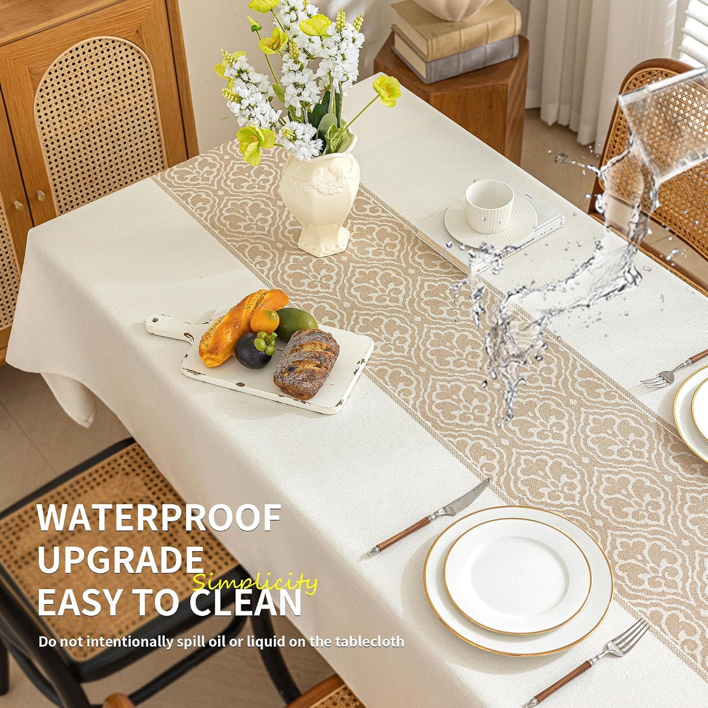 Nordic Beige Rectangular Tablecloth, Premium Drape | Water & Stain Resistant, Elegant Rectangle Table Cover for Dining