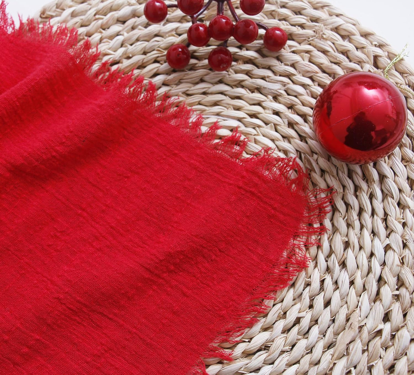Fall Cloth Napkins with Fringe, Cotton Gauze Napkins Set of 12, Red | Boho Rustic Dinner Napkins, 16 x 16 Inch Washable