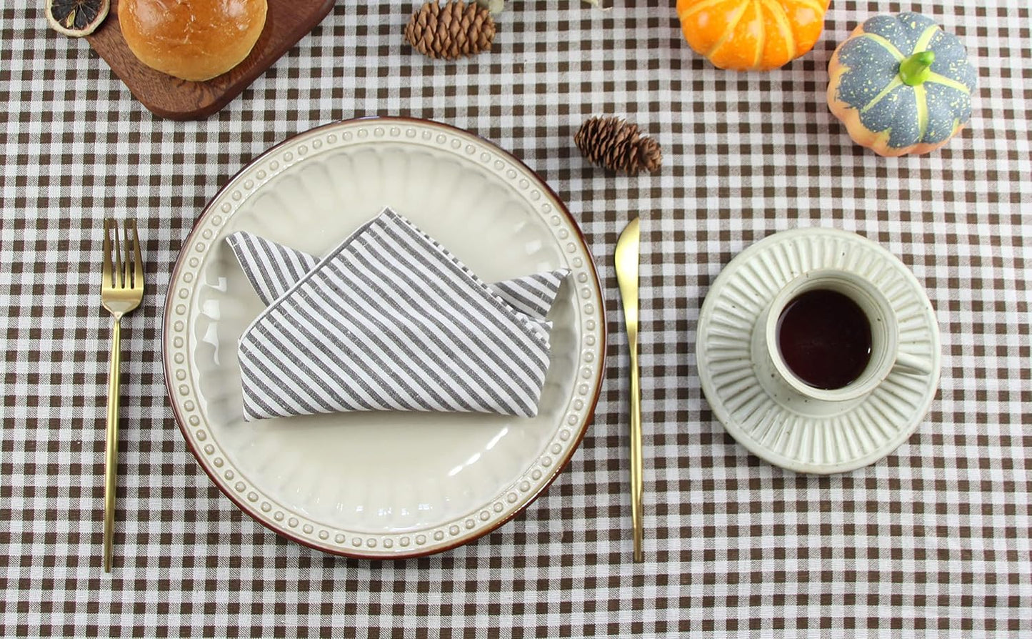 Plain Striped Cotton Linen Blended Dinner Cloth Napkins - Set of 12 (17 x 17 inches) - for Events & Home Use (Brown)