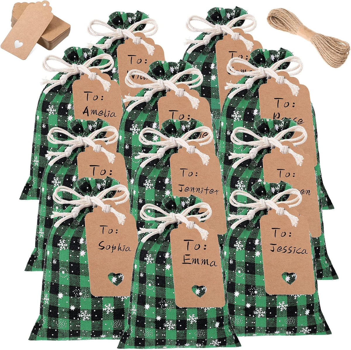 Shappy 24 Pcs Christmas Drawstring Gift Bags Xmas Buffalo Plaid Burlap Advent Bags 7 x 5 Inches Linen Treat Candy Bag with 32.8 ft Rope 24 Card(Black Green Snowflake)