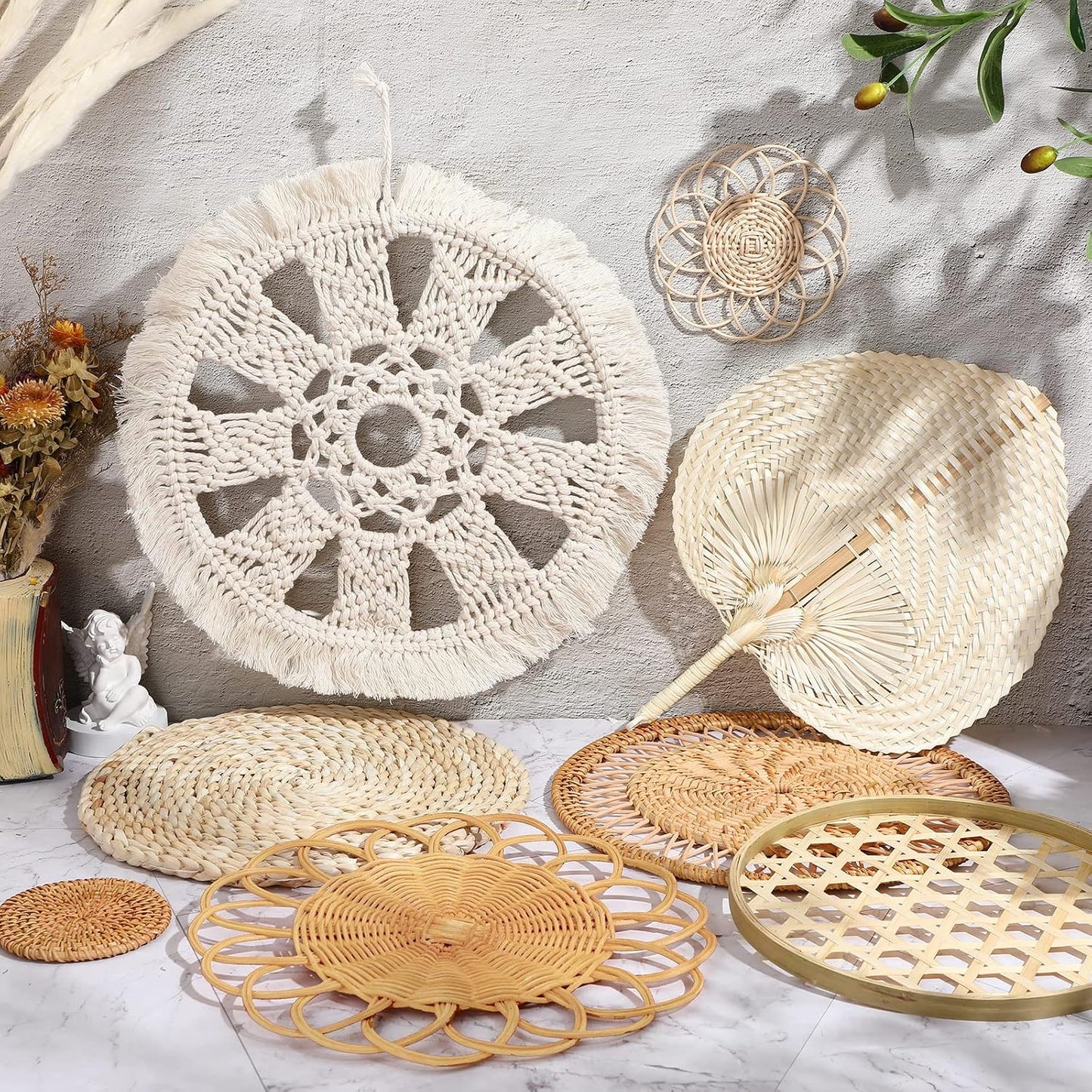 Boho Wall Basket Decor Woven Rattan Flat Baskets Round Handmade Wicker Bamboo Hanging / Set of 8
