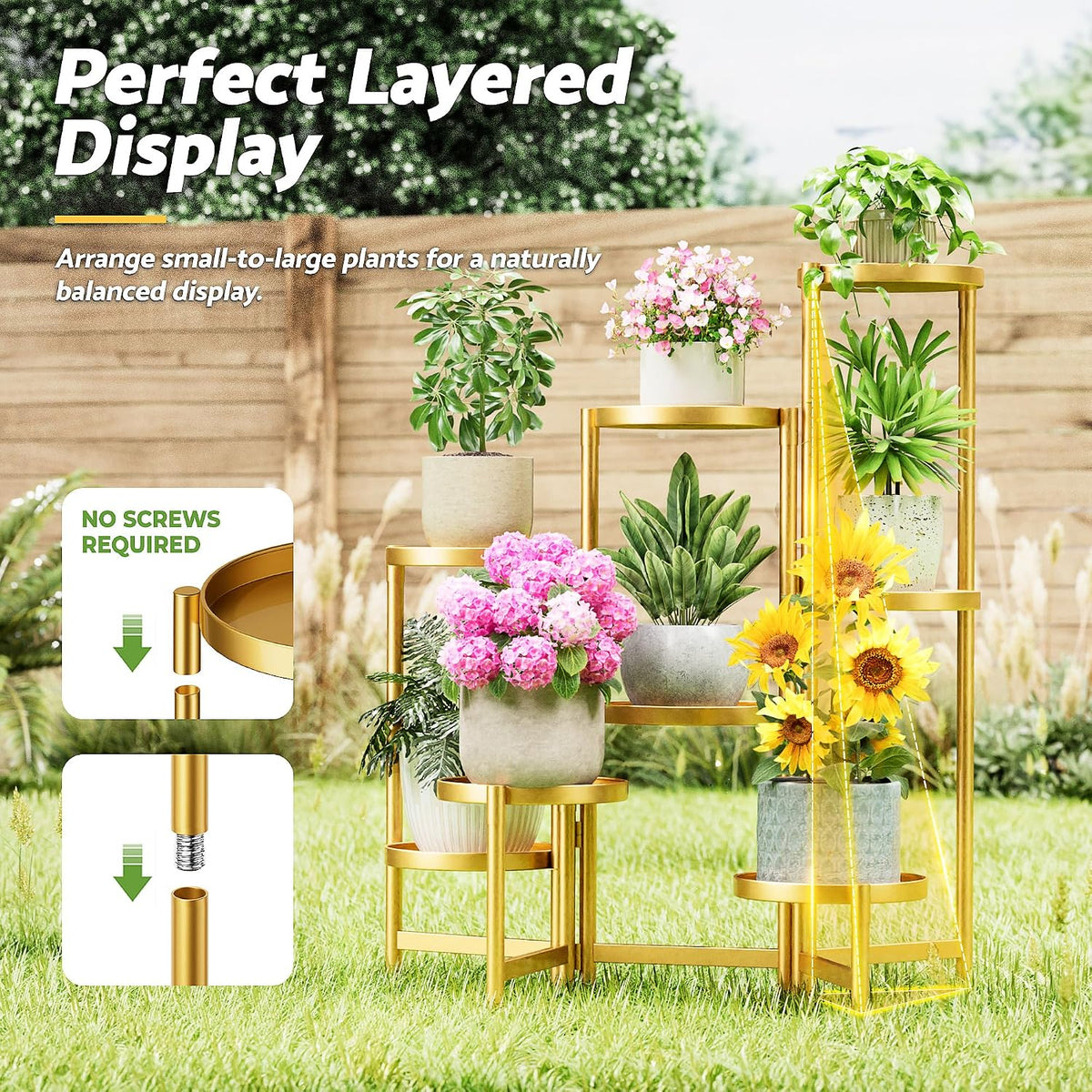 Gold Plant Stand, 8 Tiered Plant Stand Indoor for Multiple Large Planter, Tall Heavy Duty Adjustable Folding Rack with
