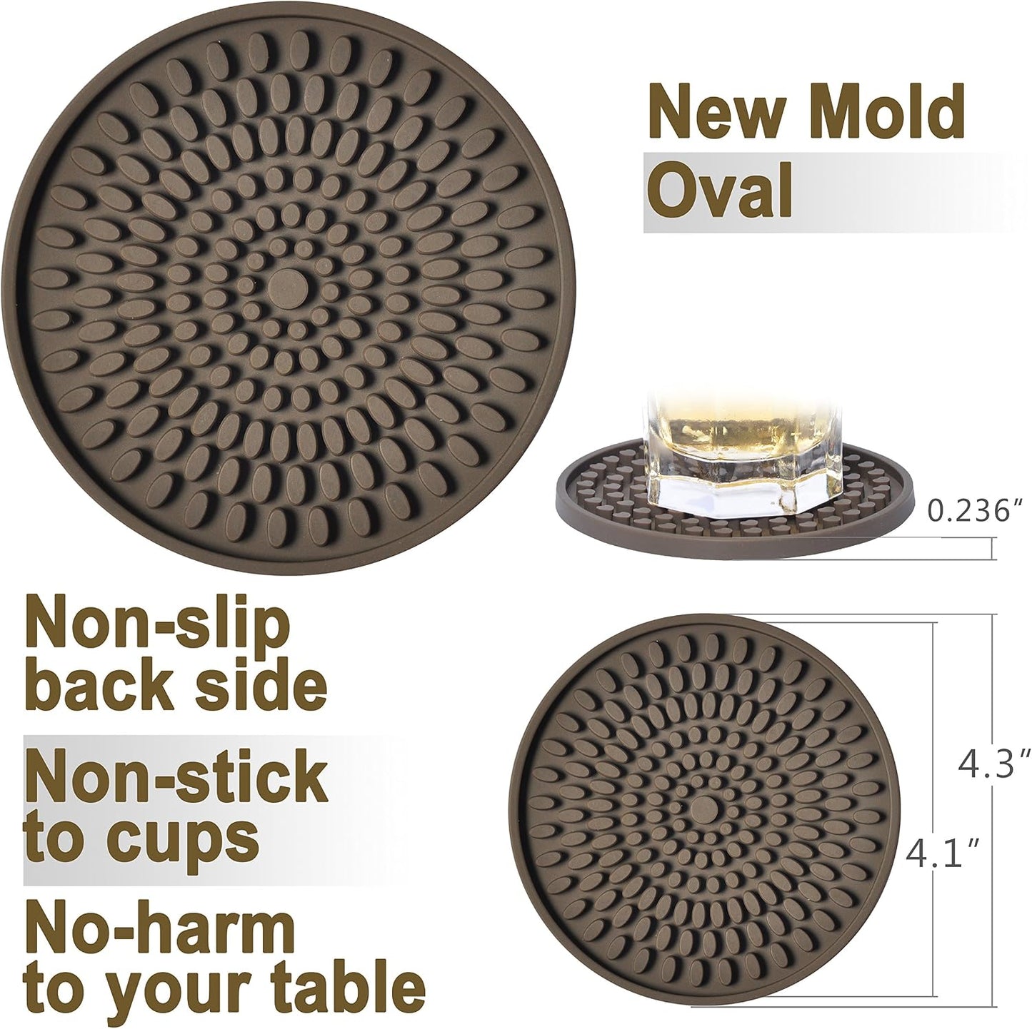 Rubber Brown Coasters / Brown-oval Buds / Set of 8